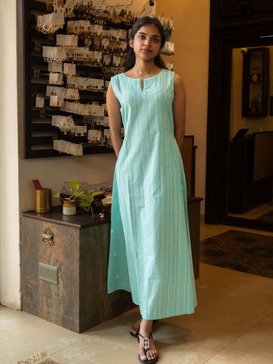  Front view of pastel blue sleeveless handloom cotton panel dress with split round neck and ankle length from Sakyaa.